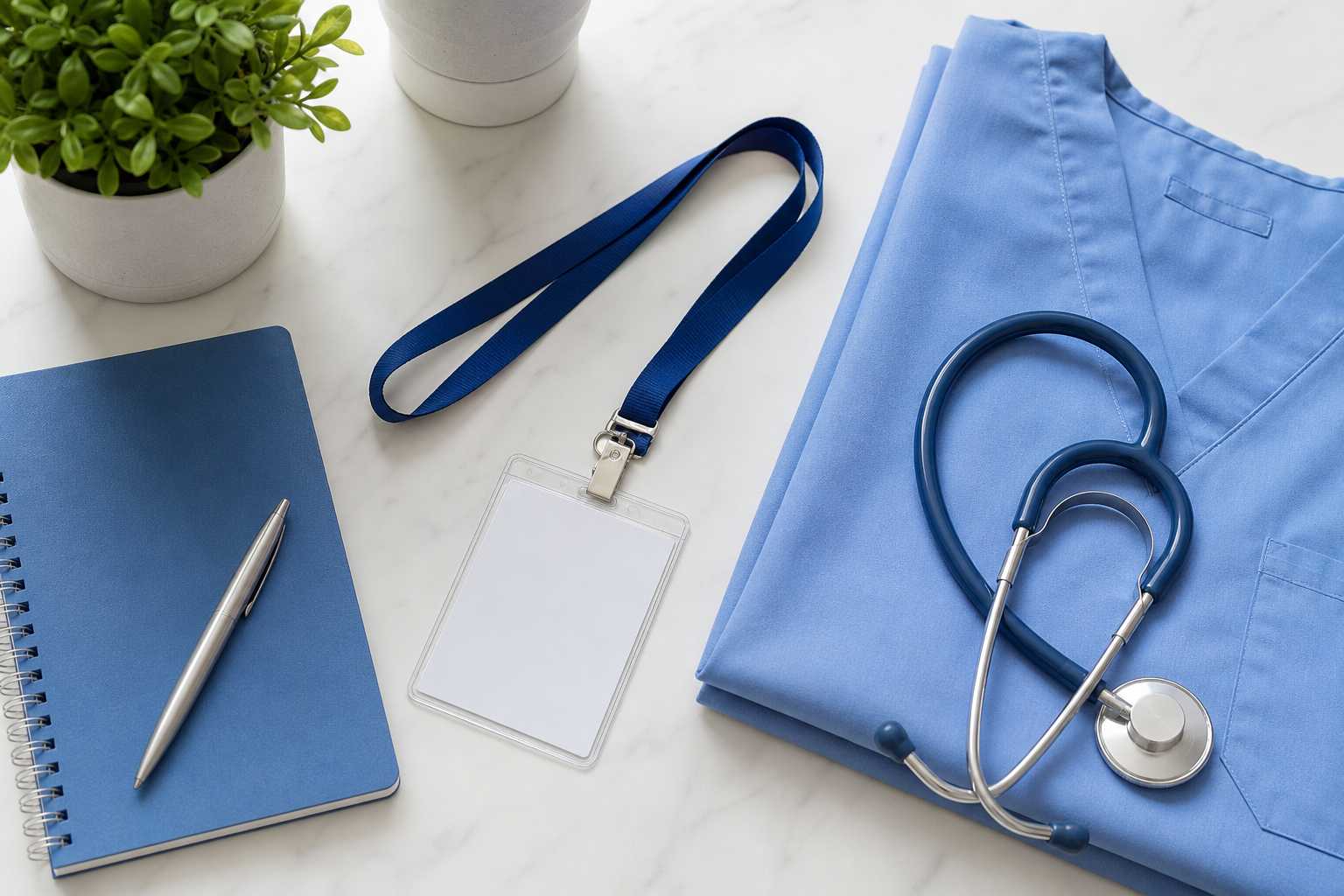Folded blue scrubs, an empty badge holder, notebook, and stethoscope prepared for a new hire