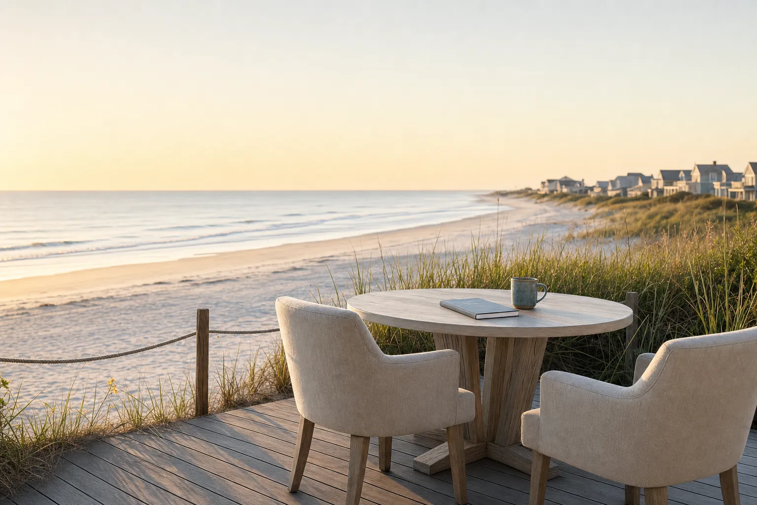 A private consultation table overlooking a calm beach.
