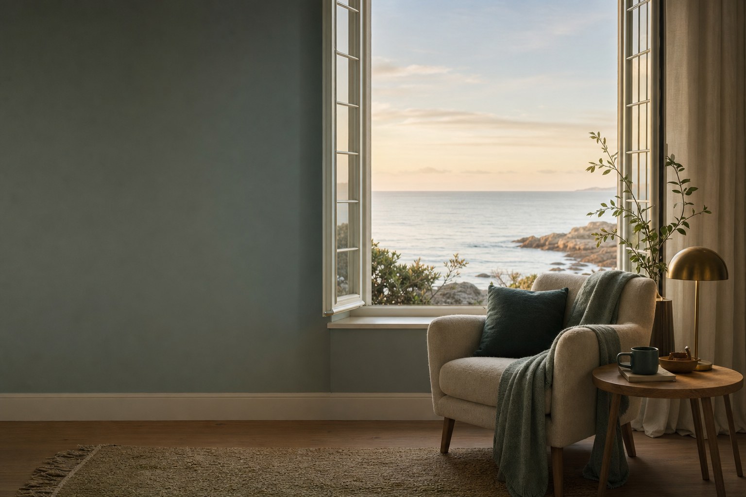 A quiet chair beside an ocean-view window.