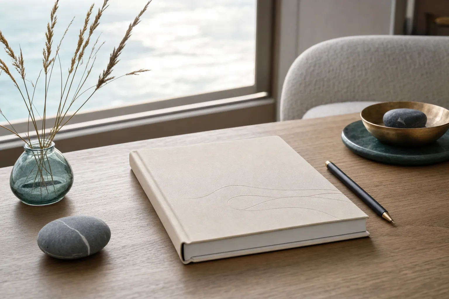 A neutral workbook and pen on a coastal table.