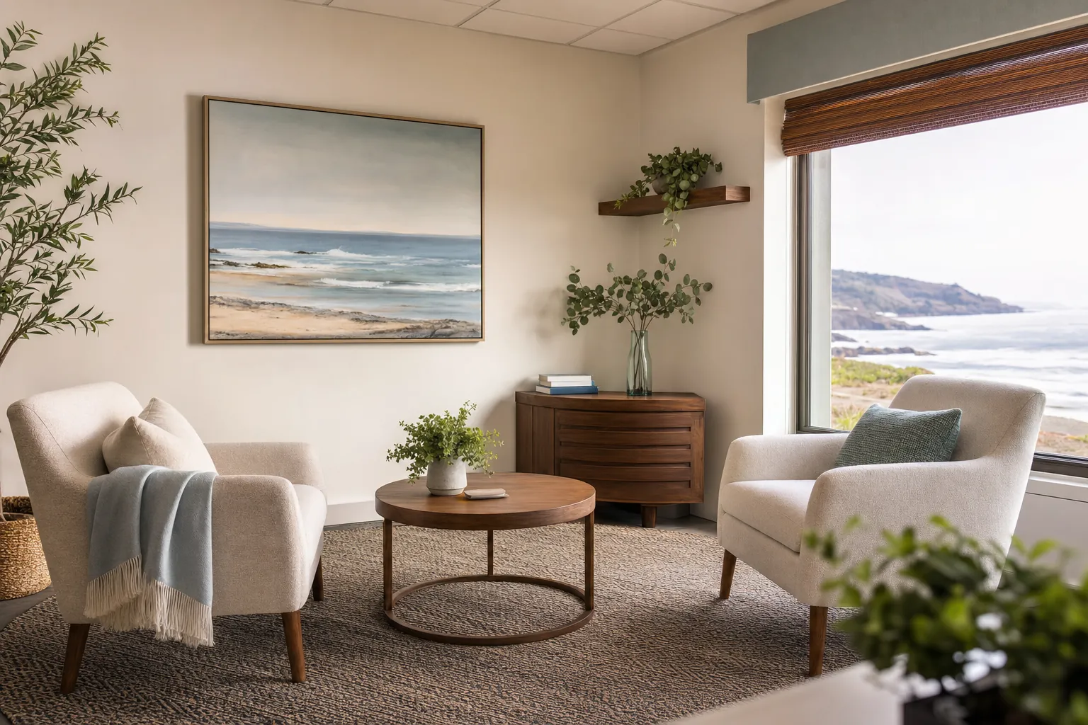 A quiet therapy room with coastal light and two chairs.
