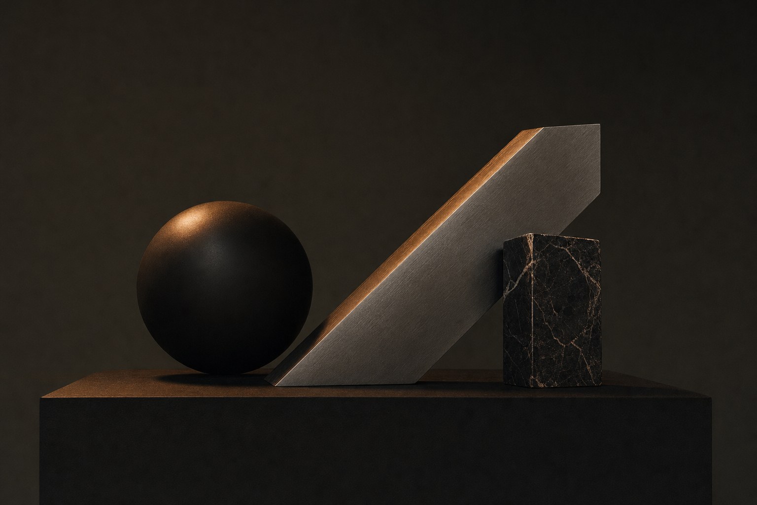 Abstract arrangement of a black sphere, steel slab, and dark stone.