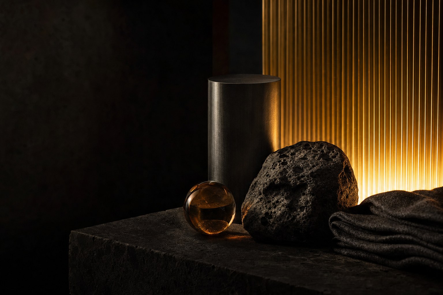 Amber-lit objects arranged on a dark stone plinth.