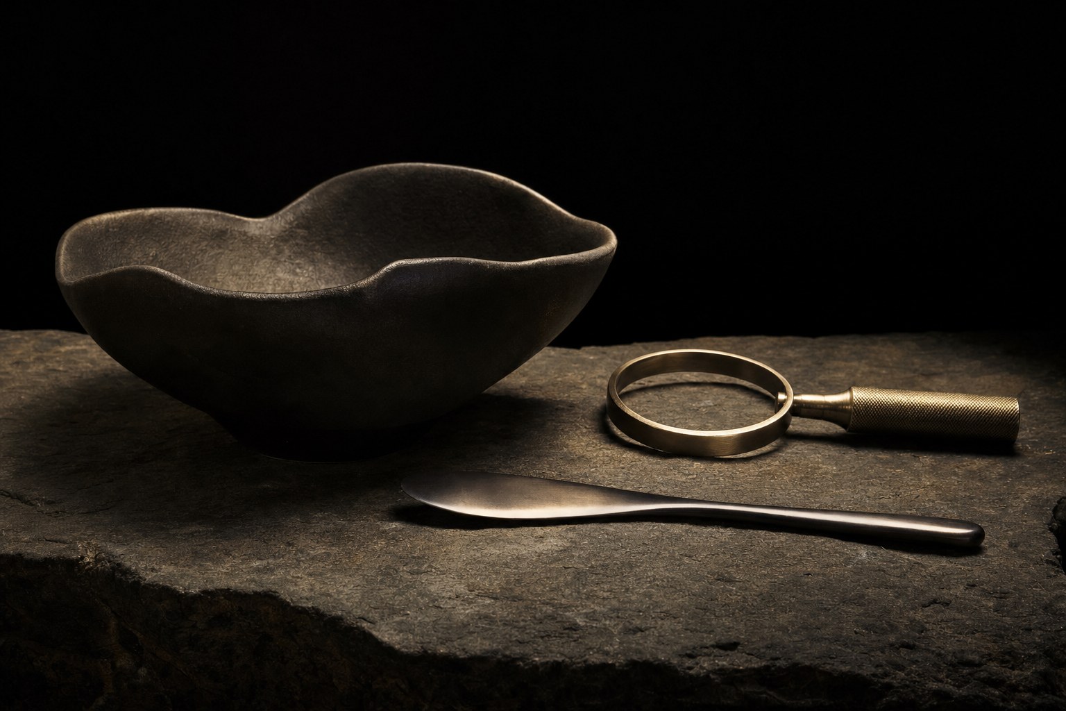 Ceramic bowl and metal tools on dark stone.