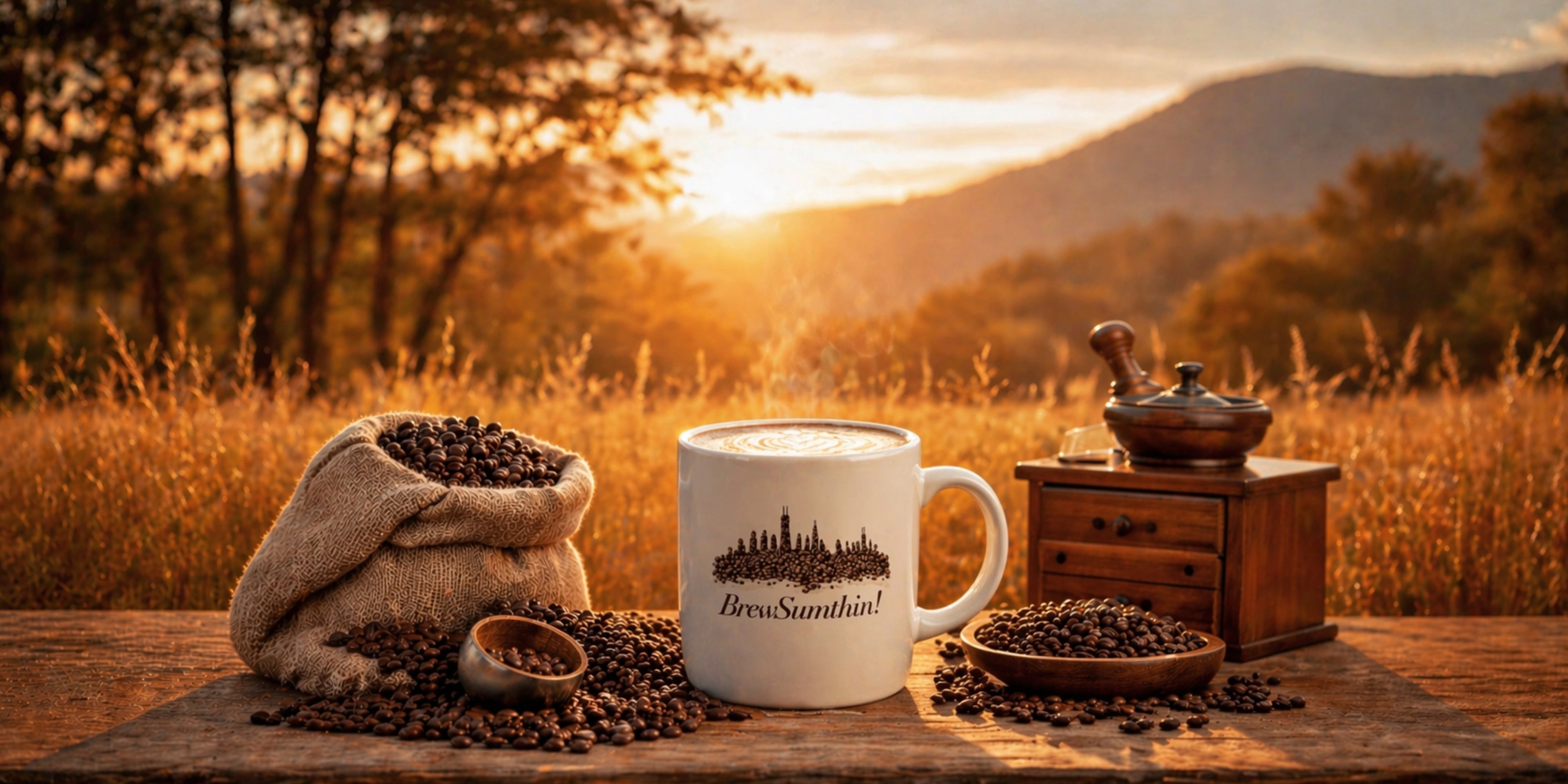 Coffee beans, a BrewSumthin! mug, and a hand grinder in warm morning light