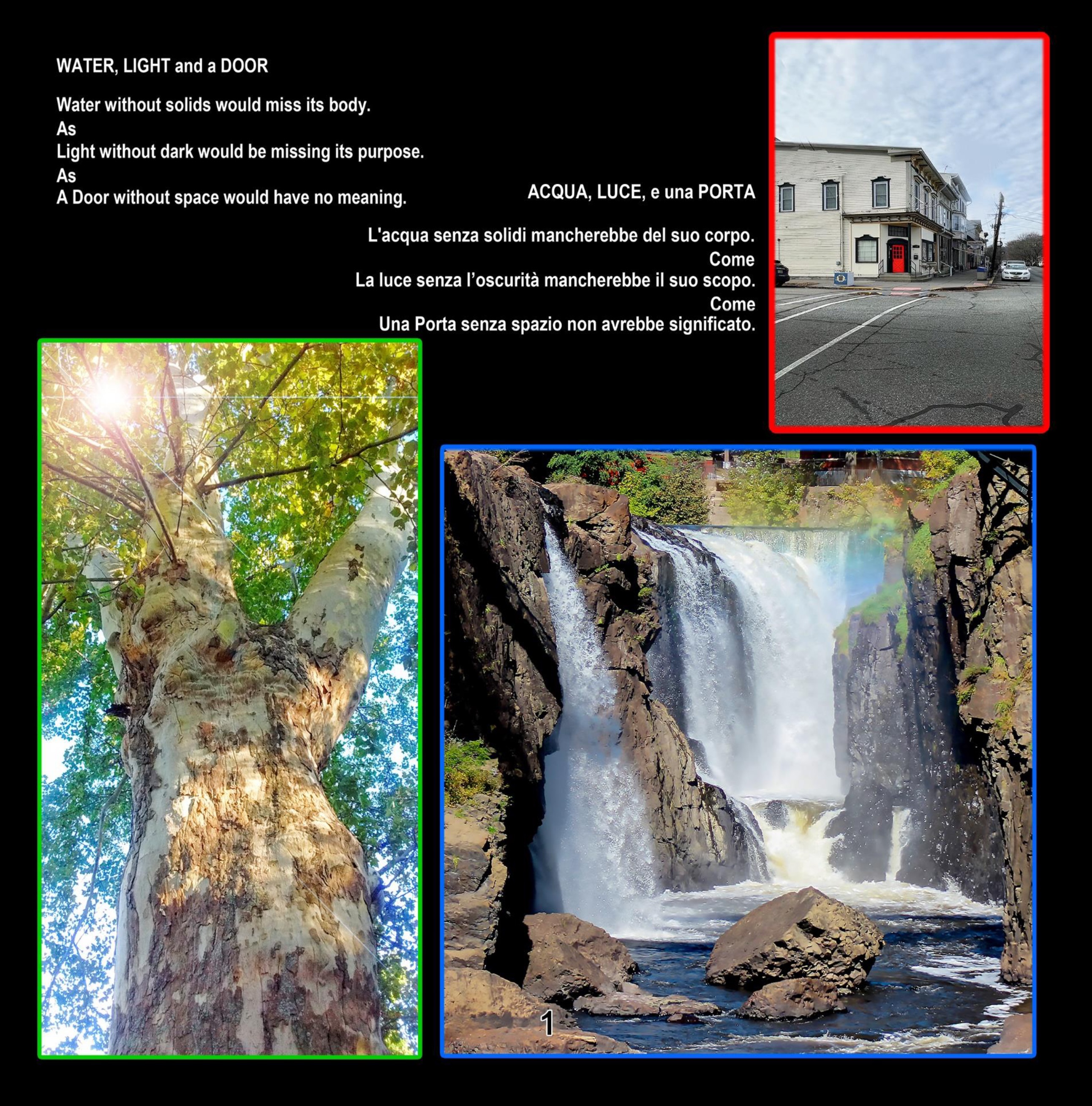 Water, Light and a Door poem in English and Italian, with photographs of a tree, waterfall and doorway