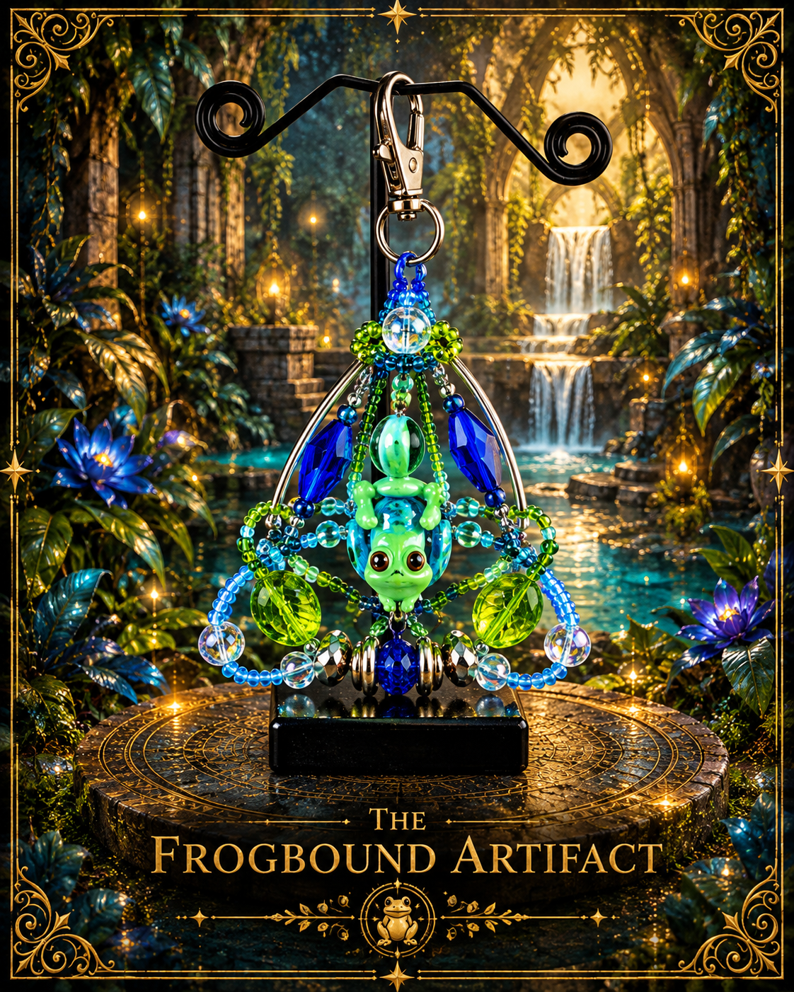 Archived Frogbound Artifact with a green frog figure, blue and green beads, and a decorative garden backdrop
