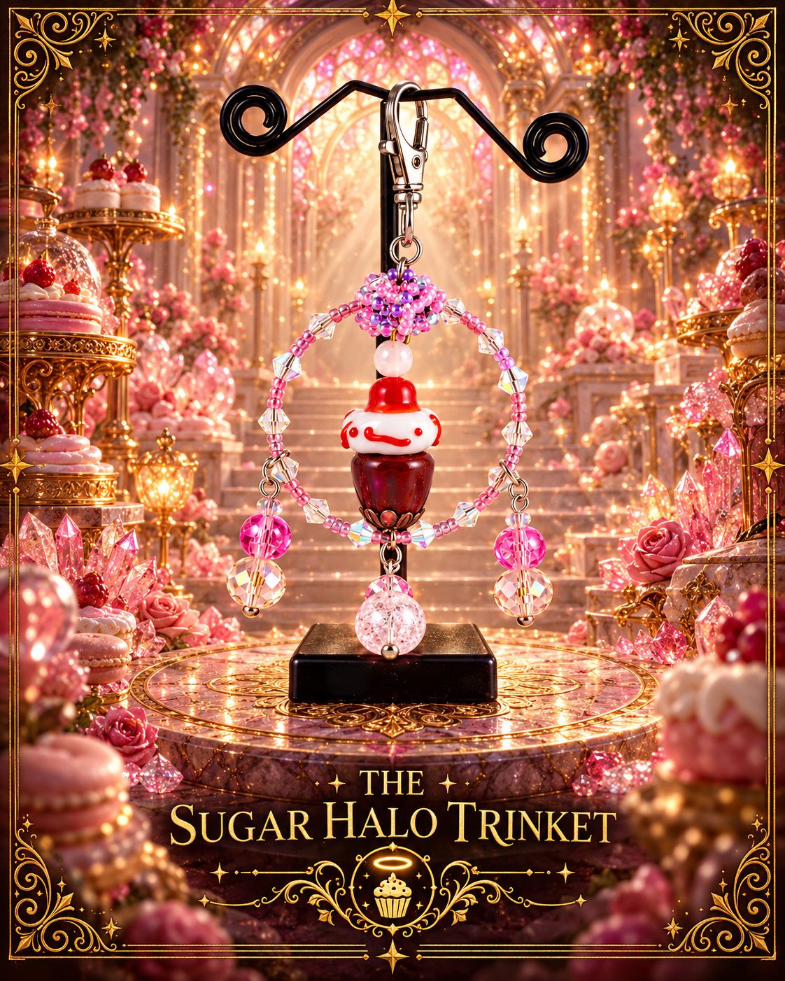 Archived Sugar Halo Trinket with a smiling cupcake-shaped center, pink circular beadwork, and dangling faceted accents