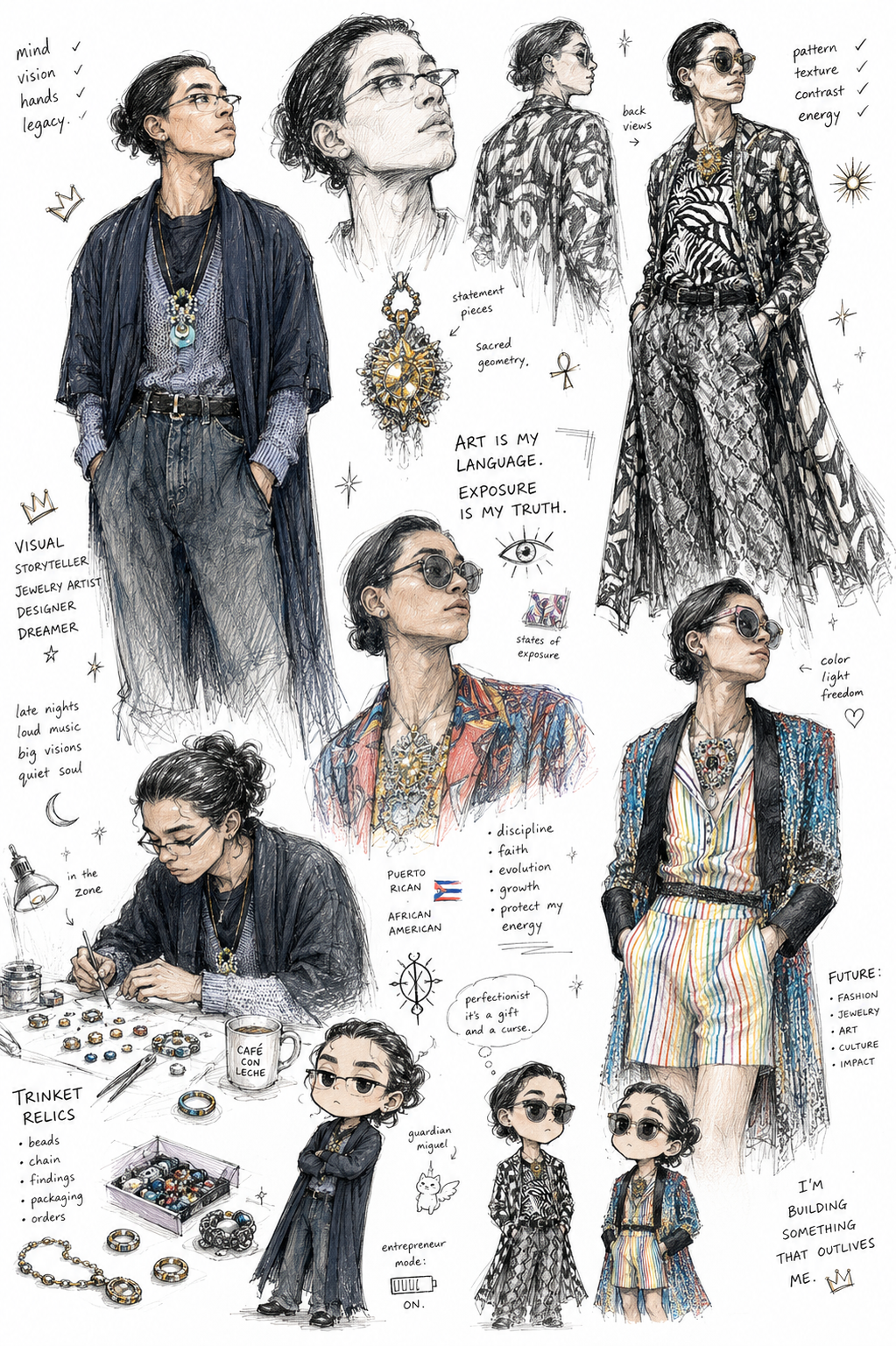 Illustrated creative portrait board showing Enzo Crushello’s style, studio practice, and visual language