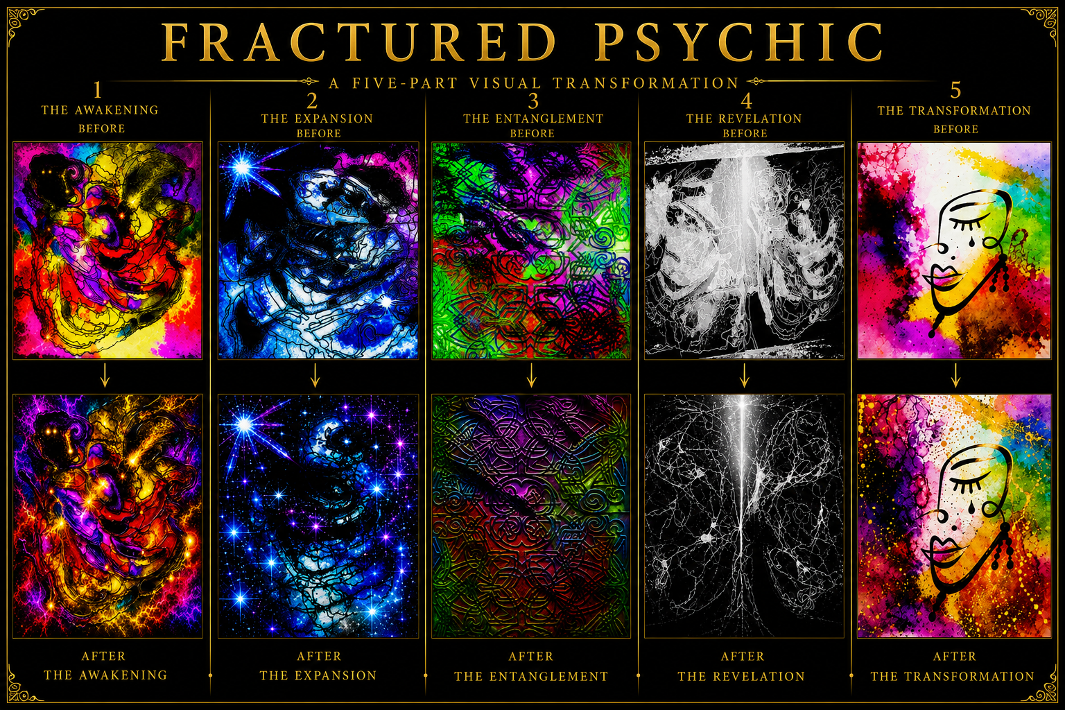 Fractured Psychic process board showing five original artworks before and after transformation