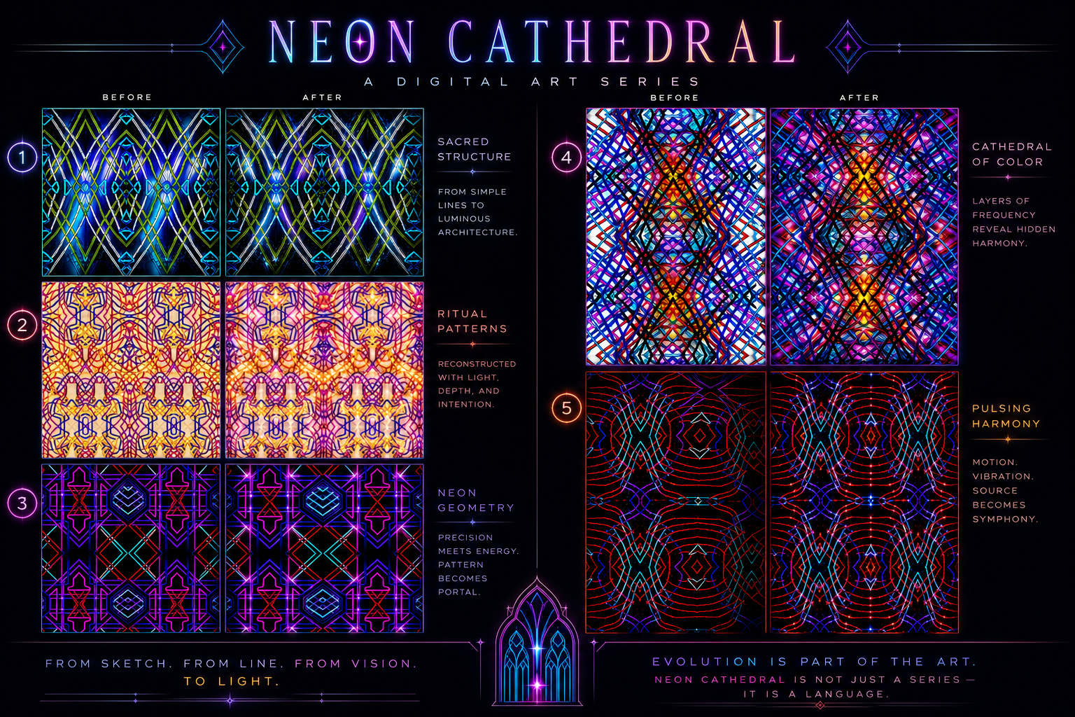 Neon Cathedral process board showing line patterns transformed into luminous geometric digital artworks
