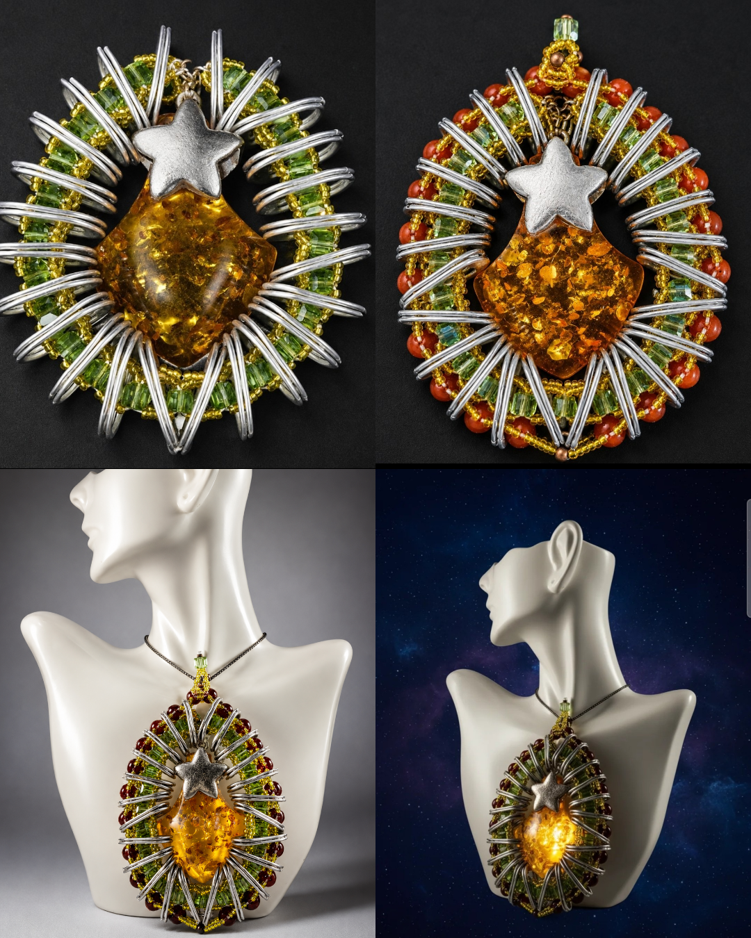 Design process collage showing an amber-centered one-of-one wearable artwork from close detail to modeled form