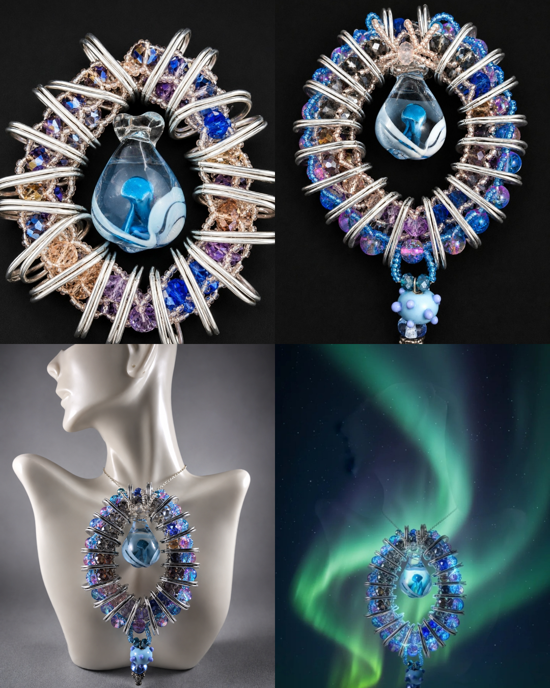 Design process collage showing a blue one-of-one wearable artwork from close detail to modeled and atmospheric forms