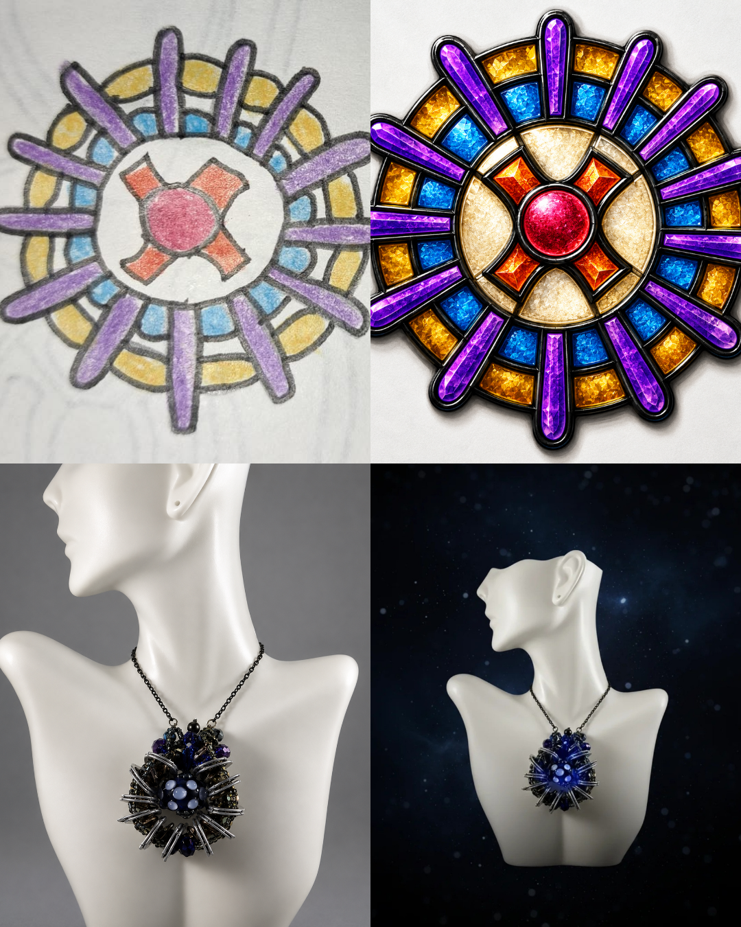 Design process collage showing a solar-sigil drawing transformed into a luminous wearable artwork