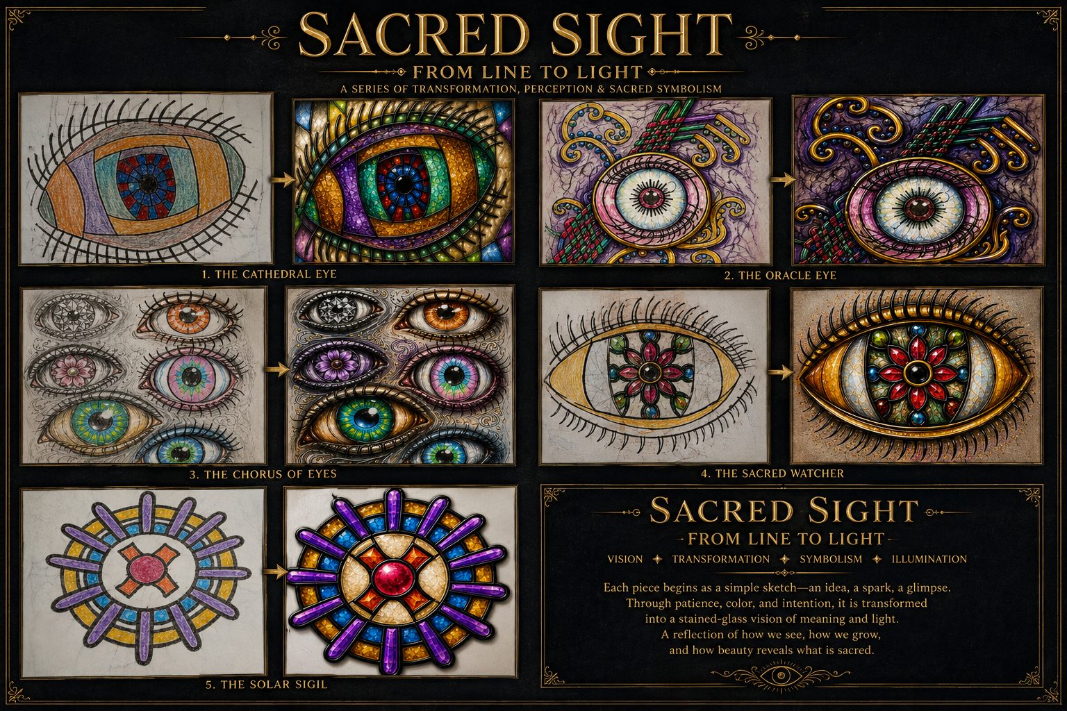 Sacred Sight design-process board showing hand-drawn symbols transformed into luminous finished artworks