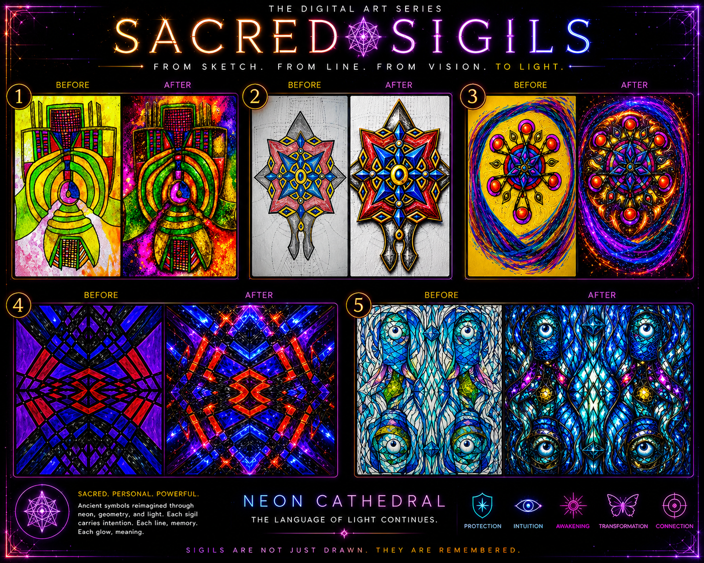 Sacred Sigils process board showing five hand-drawn motifs transformed into luminous digital artworks