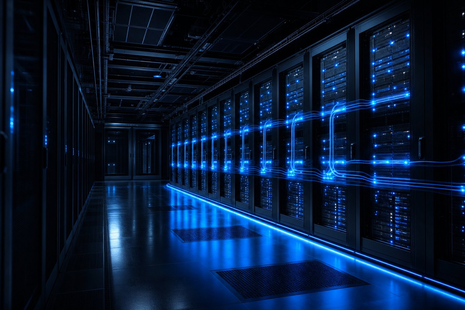 Server room with a blue network path connecting infrastructure