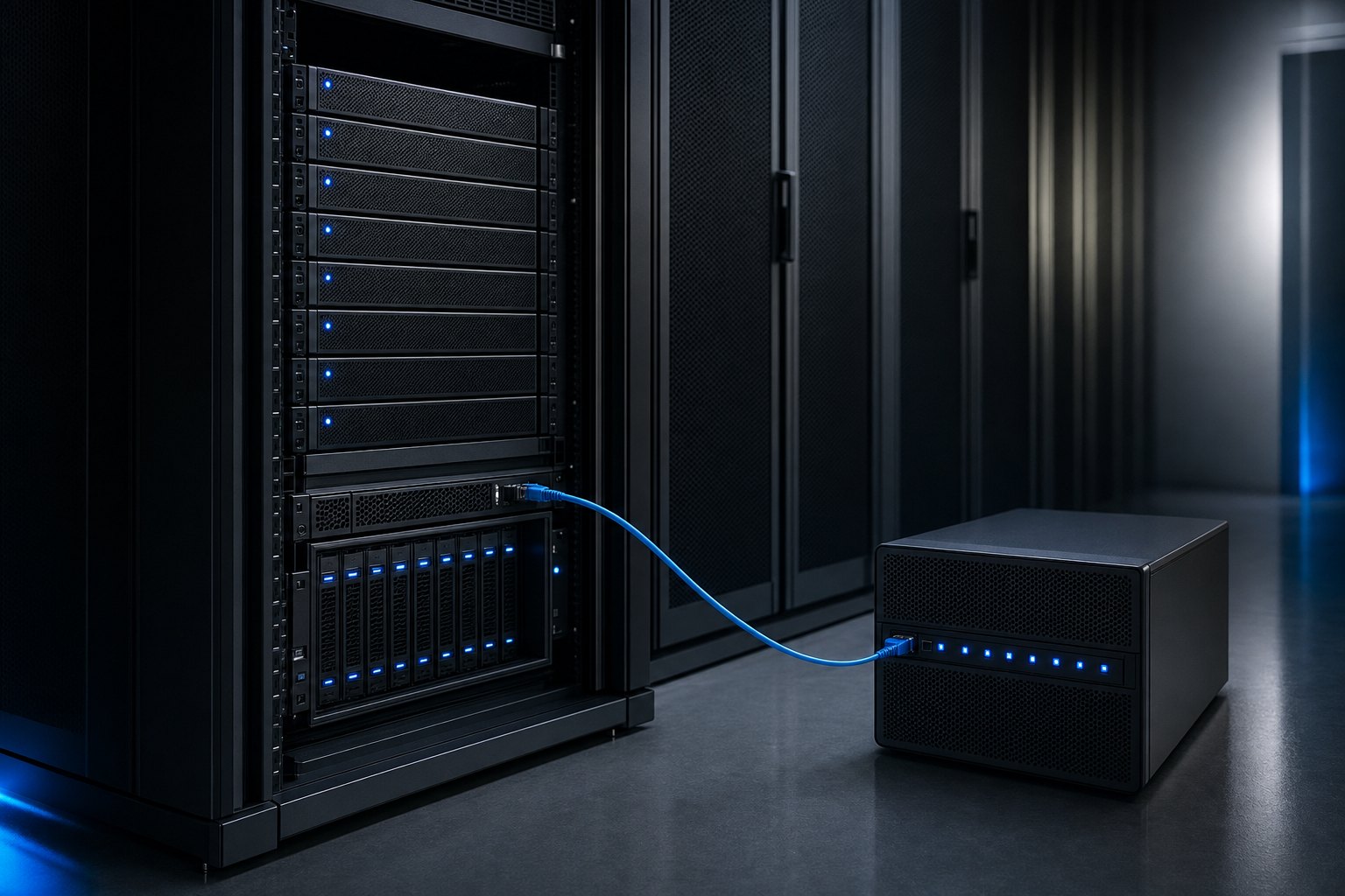 Server rack connected to a backup device for recovery testing