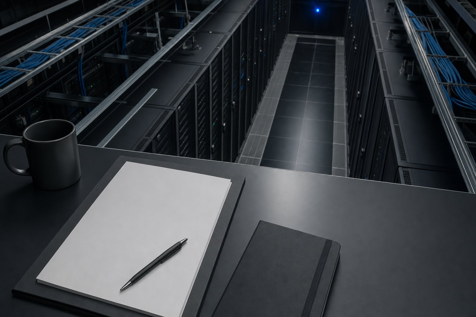 Recovery planning document beside a server room