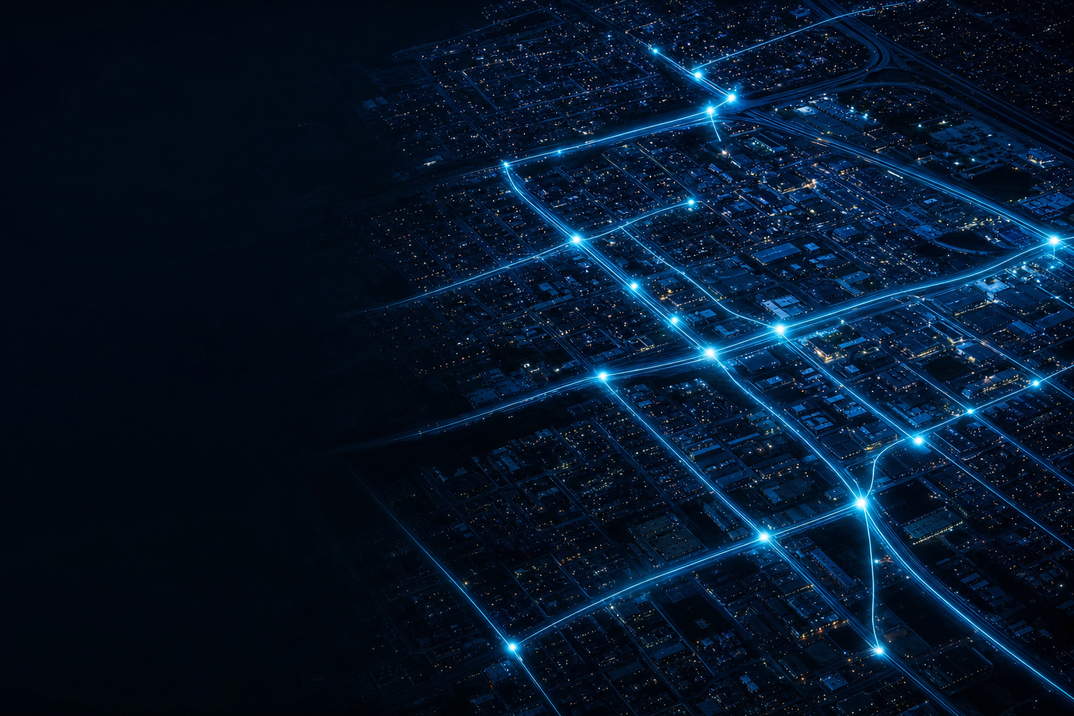 A connected city network at night