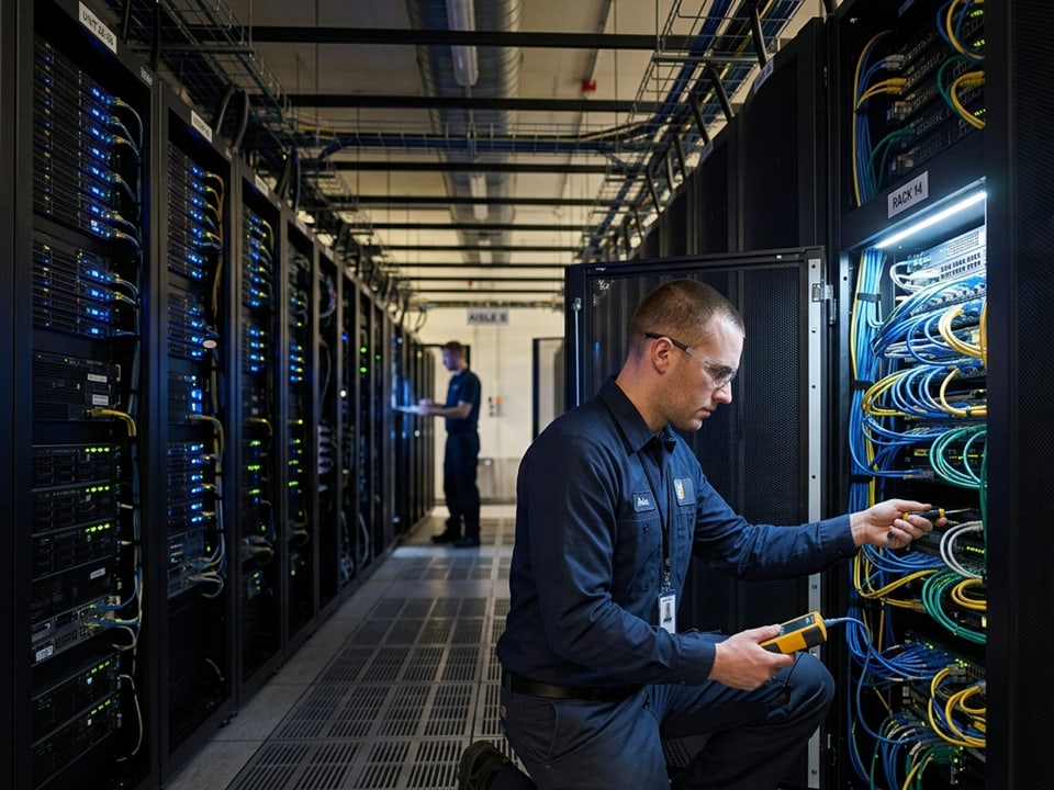 Technician inspecting organized network equipment in a data center