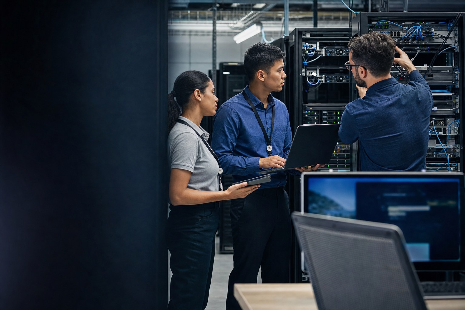 IT specialists reviewing network equipment in a data center
