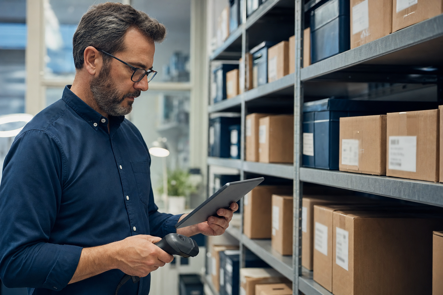 Business manager organizing inventory with a barcode scanner