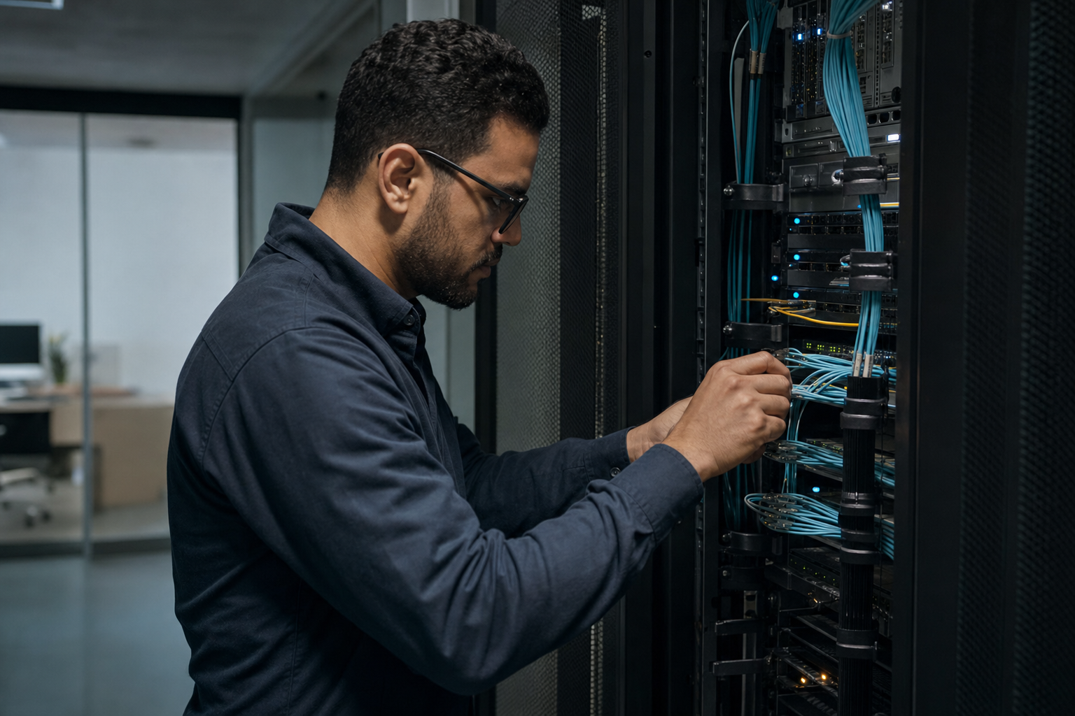 Technician checking network equipment