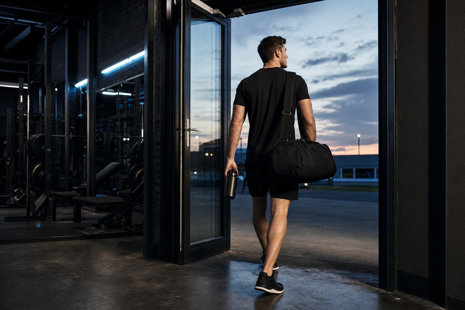 Athlete leaving the gym after training with a compact gym bag and water bottle