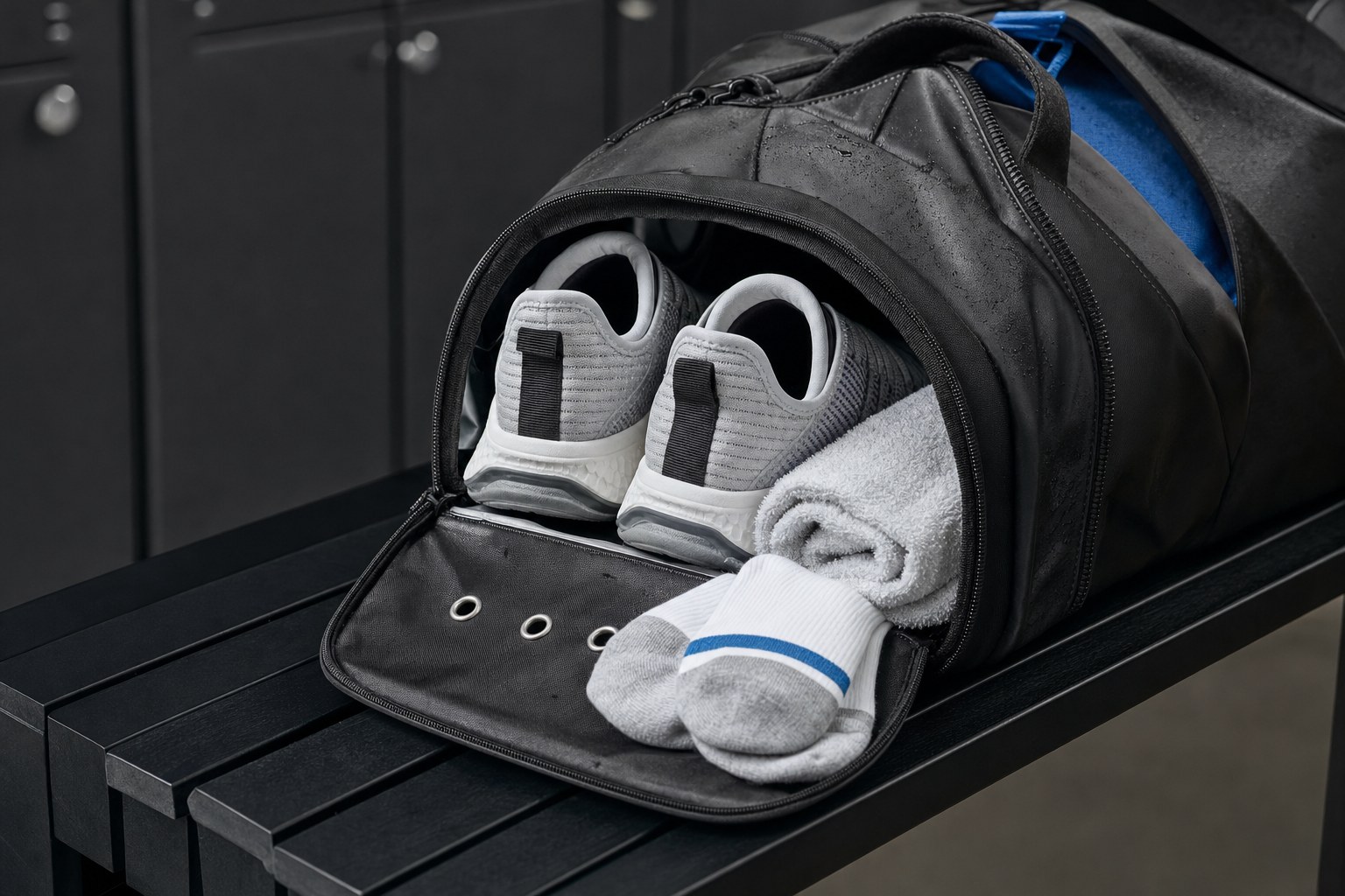 Gym shoes in a separate ventilated bag compartment beside a towel and fresh socks