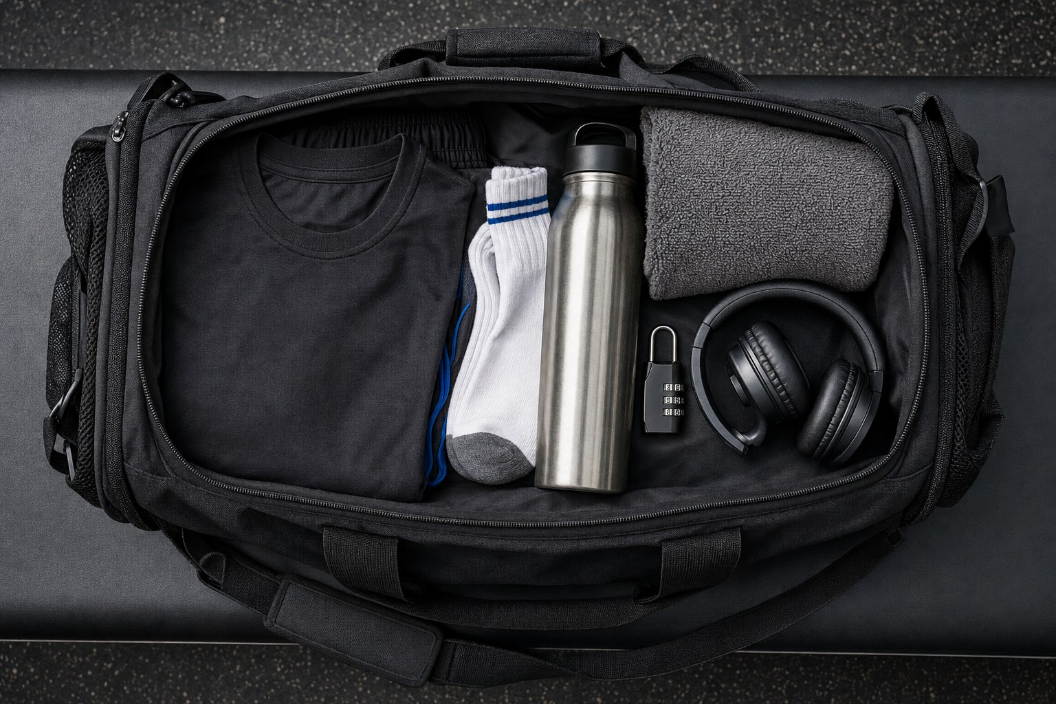 Organised gym bag with training clothes, water bottle, towel, lock and headphones