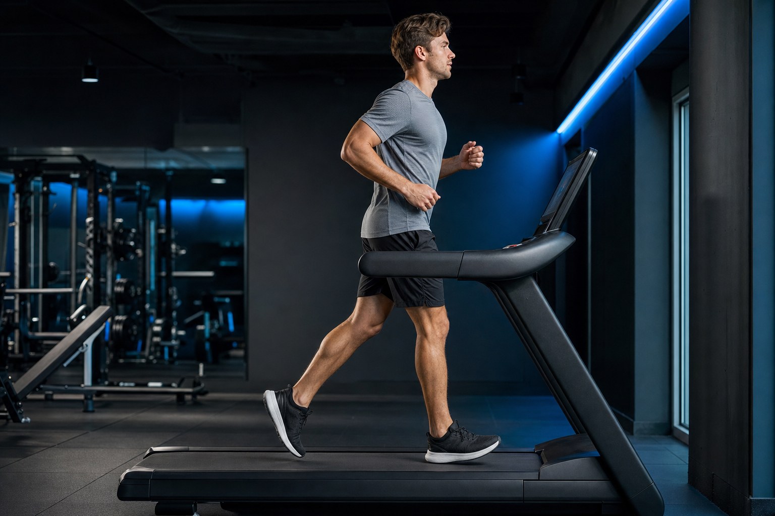 Athlete warming up on a treadmill in breathable training clothes