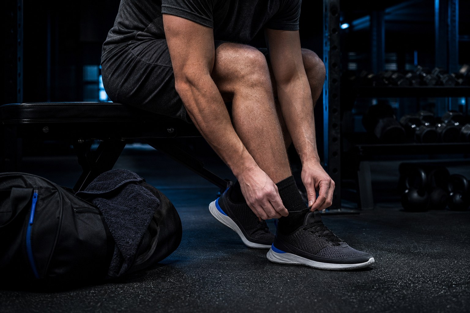 Athlete tying training shoes beside a gym bench