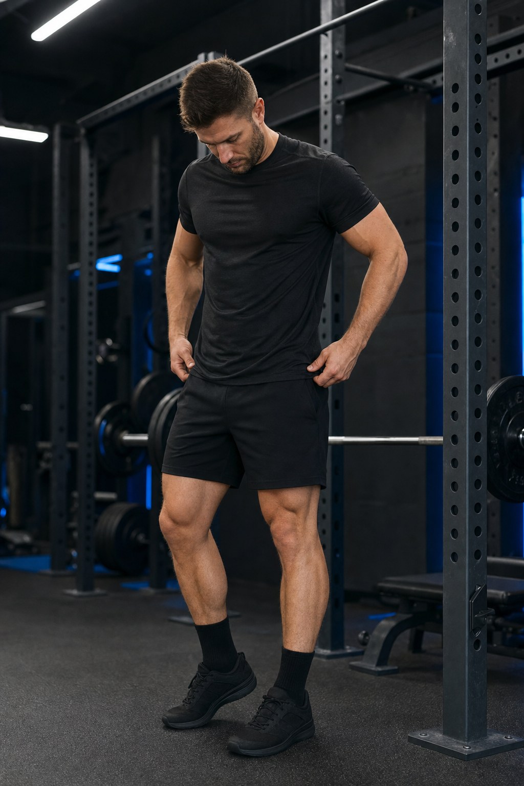Athlete checking the fit of a black training T-shirt and shorts beside a squat rack