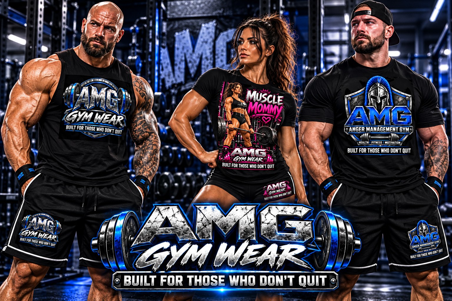 Three athletes wearing AMG GYM WEAR in a blue-lit gym
