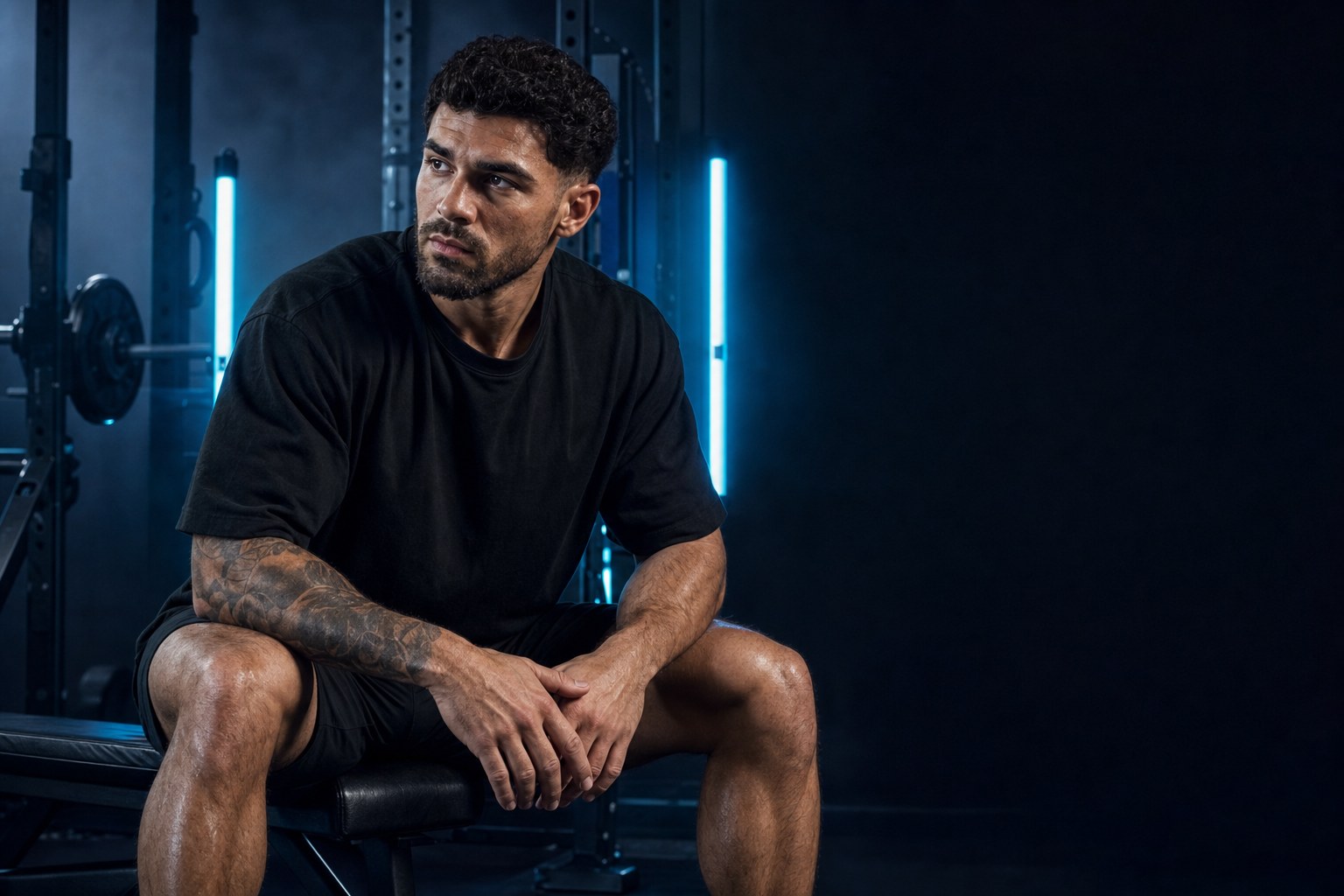 Athlete reflecting after training in a blue-lit gym