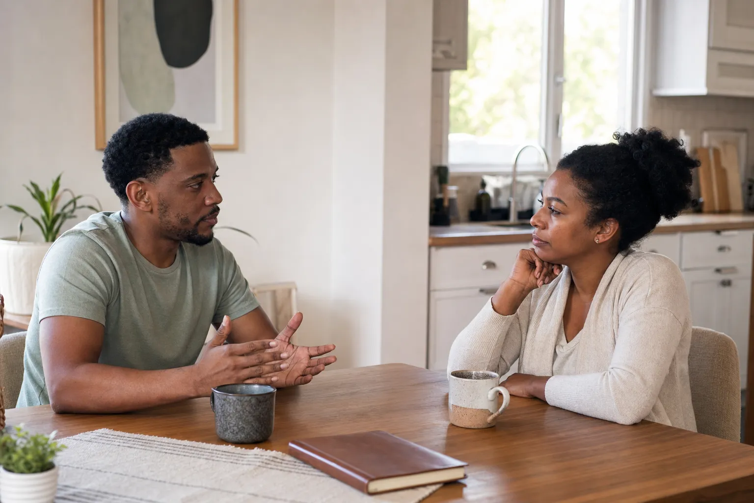 Two partners having a calm, serious conversation at a kitchen table