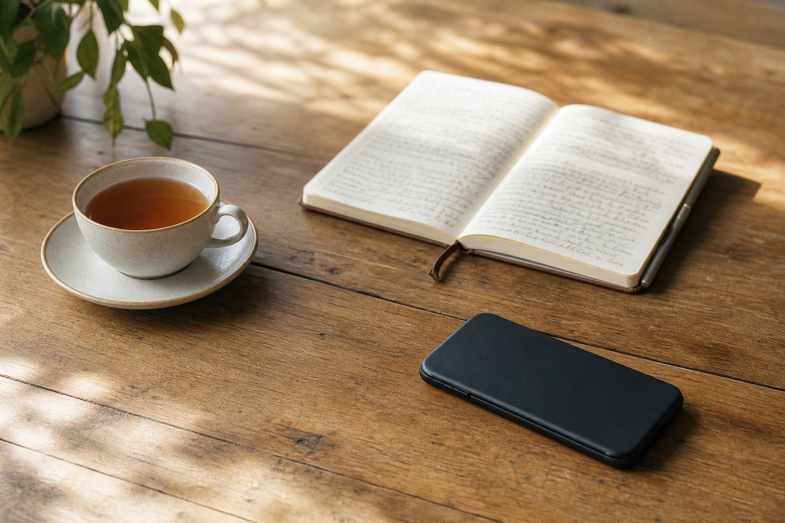 A notebook and phone on a table, representing a clear personal boundary