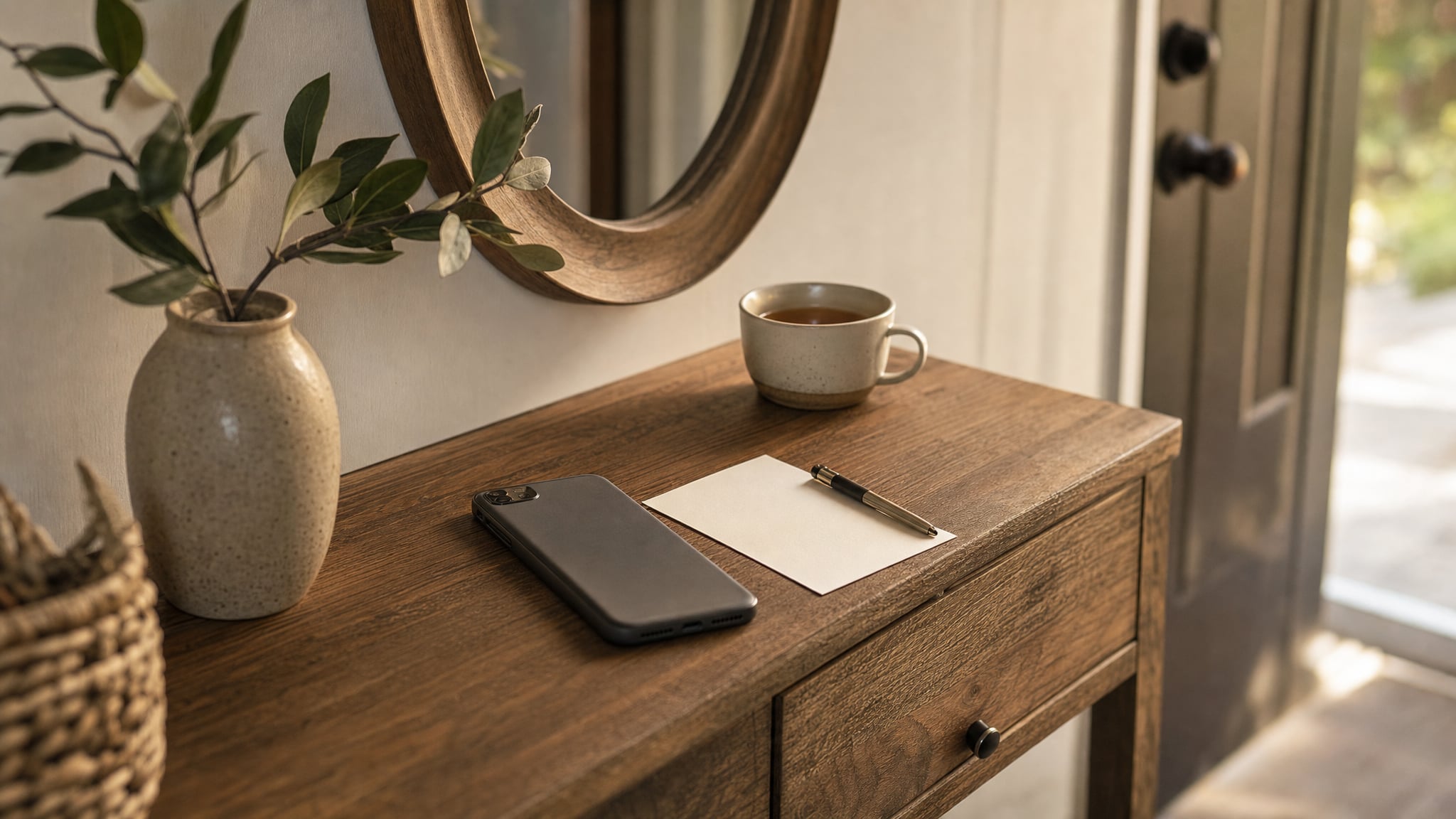 A phone facedown beside a notebook and tea, representing a clear boundary around private communication