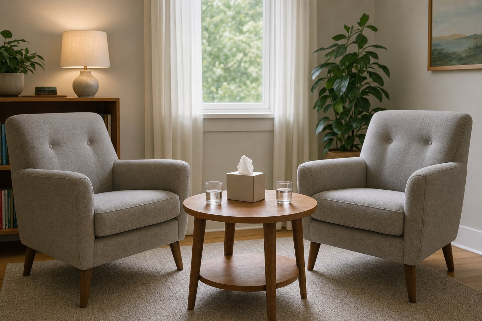Two chairs facing one another in a calm counseling room