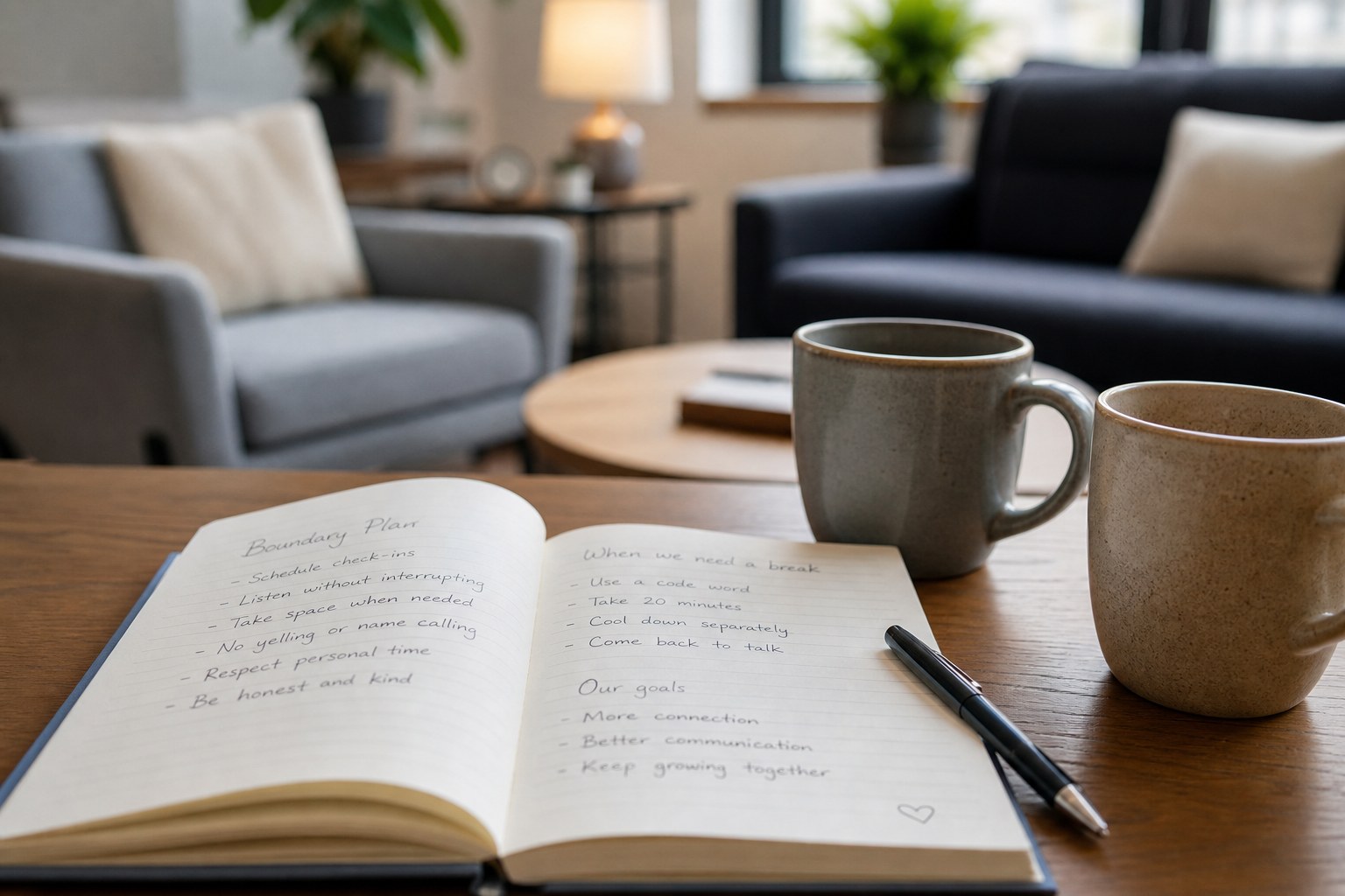A written relationship plan beside two mugs in a counseling office