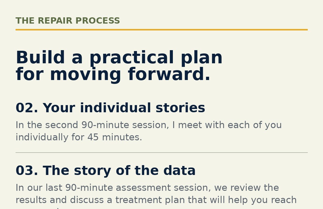 A relationship repair process focused on building a practical plan for moving forward