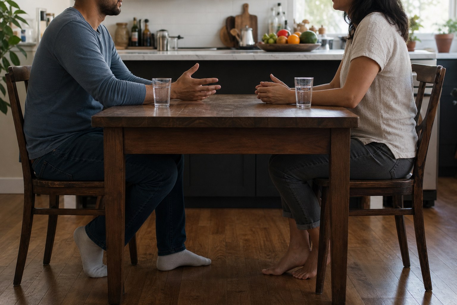 Two people having a calm conversation at home
