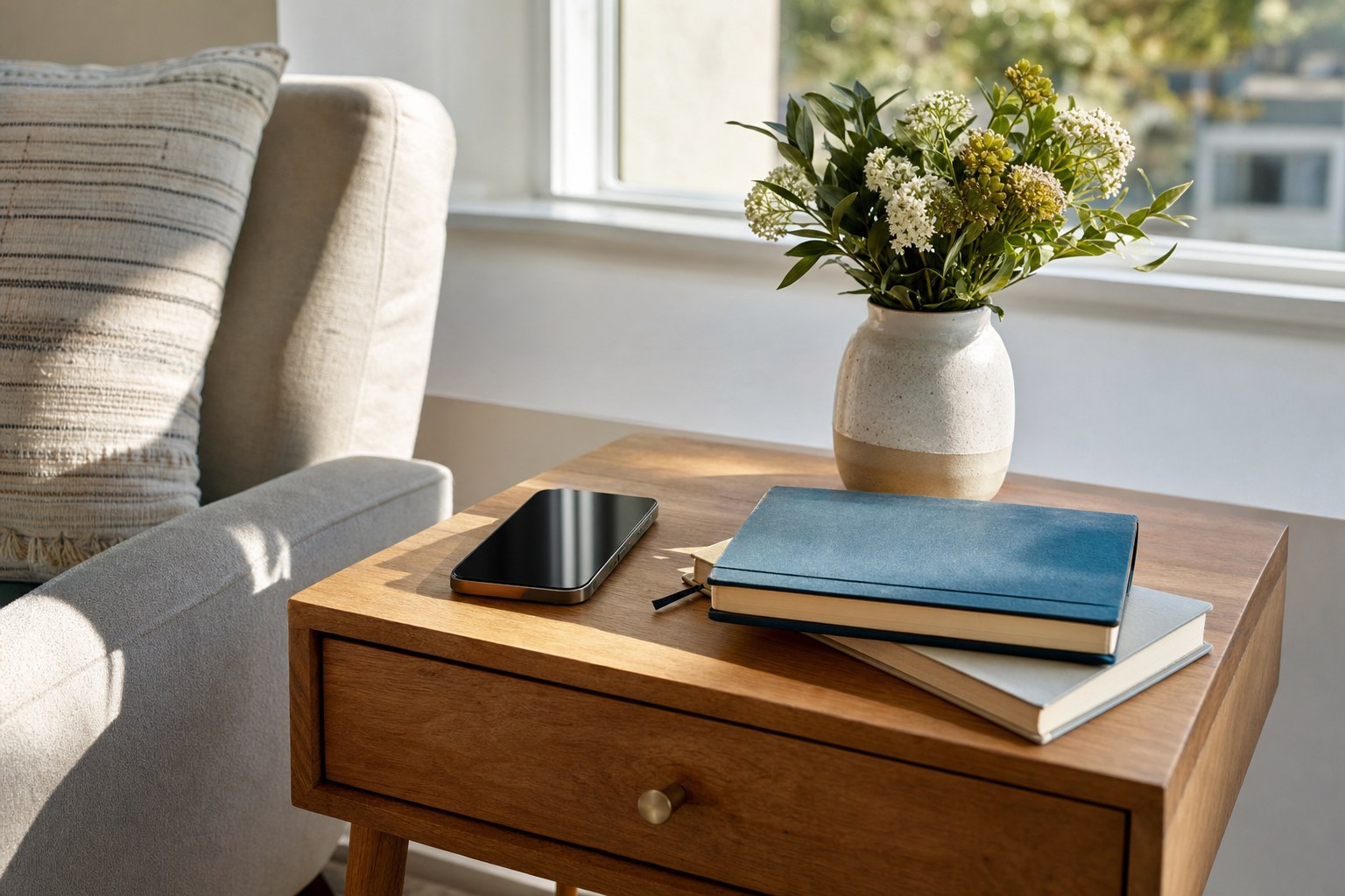 A phone and journals on a table in a bright living room