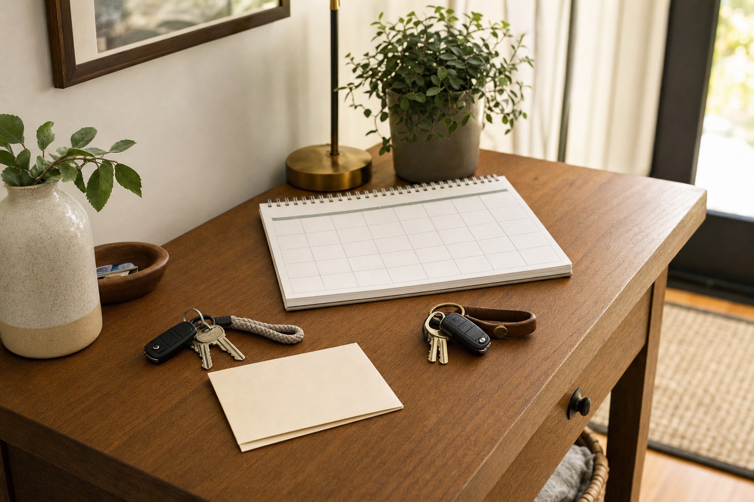 A shared calendar, keys, and a blank note on an entryway table
