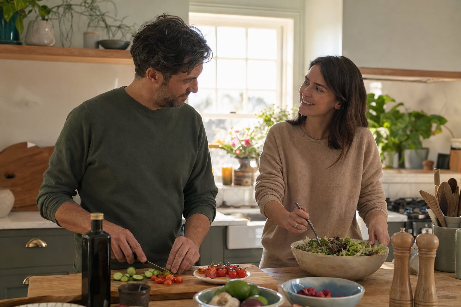 Two partners preparing a simple meal together in their kitchen
