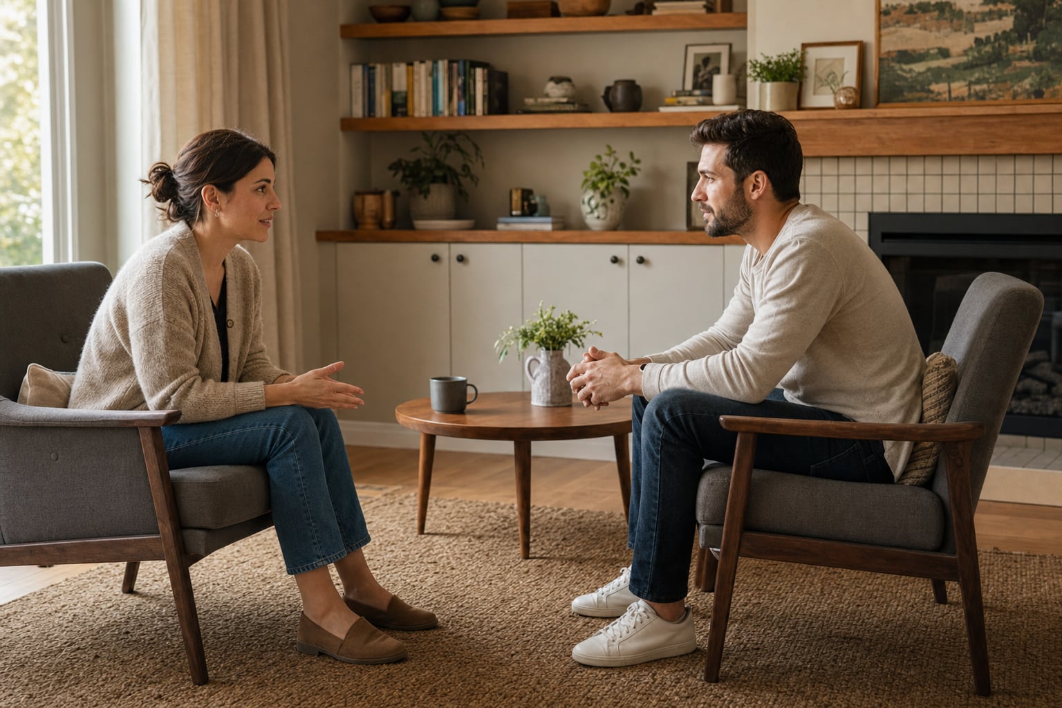 Two partners sitting in a calm, attentive conversation at home