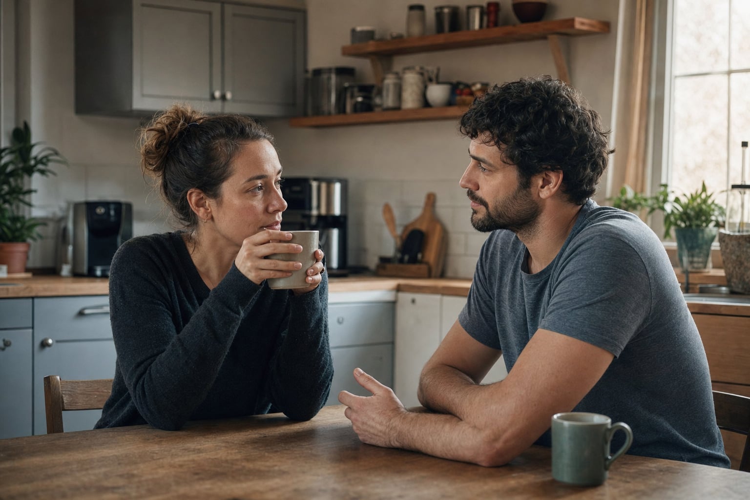 Two partners having a quiet conversation at their kitchen table