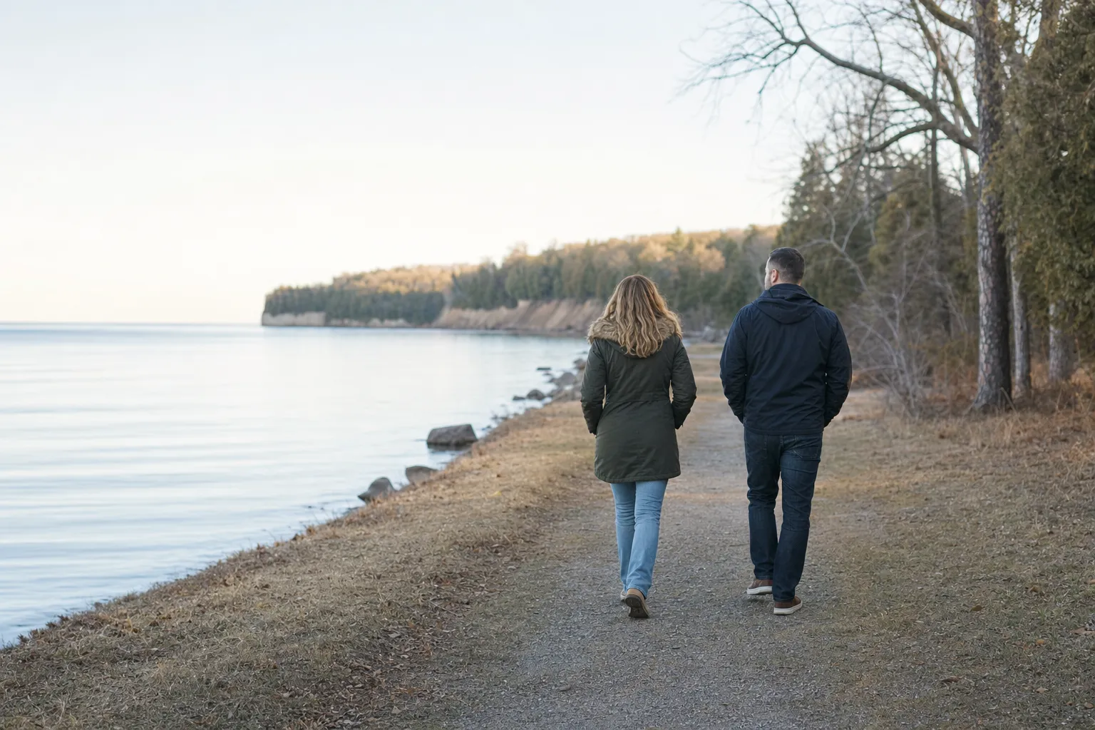 Two partners walking together beside a quiet lakeshore