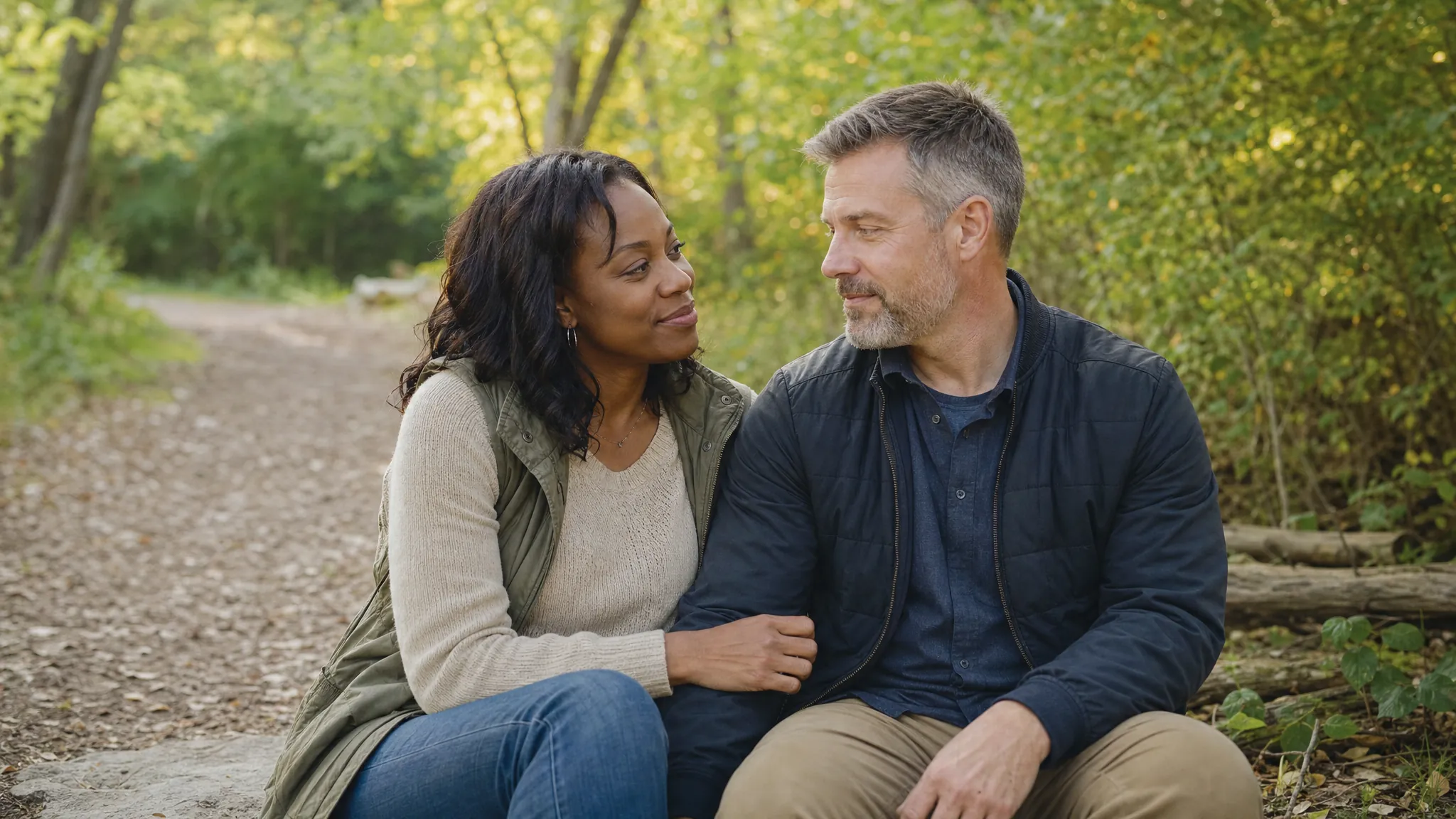 A Black woman and a white man sharing a quiet, connected moment outdoors